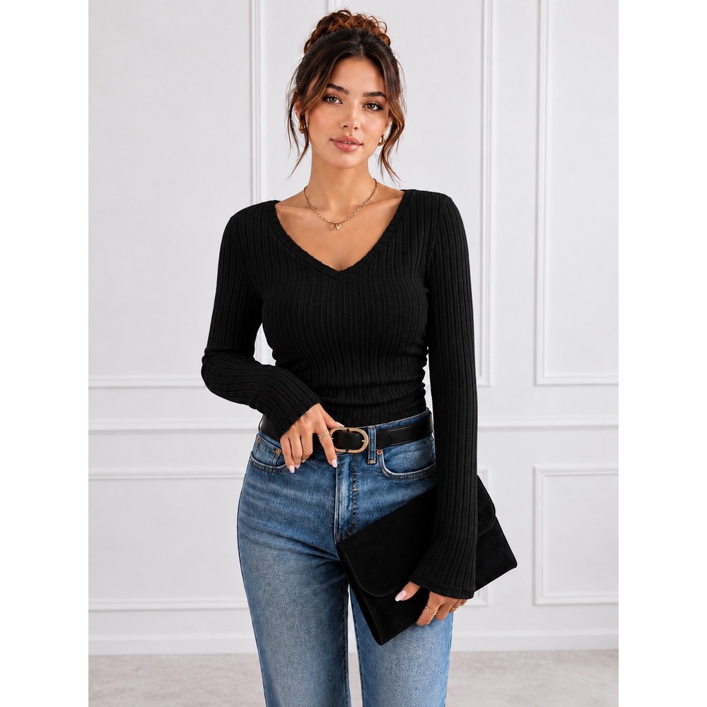 COMMENSE Black V-Neck Ribbed Long Sleeve Fitted Top Size XL